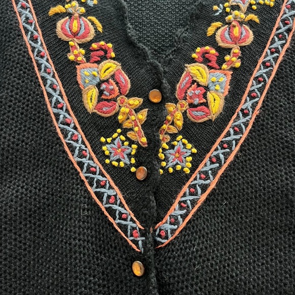 Herman Geist Sm Black Floral Hand Embroidered Wool Cardigan, Sweater Cottagecore - Picture 9 of 16